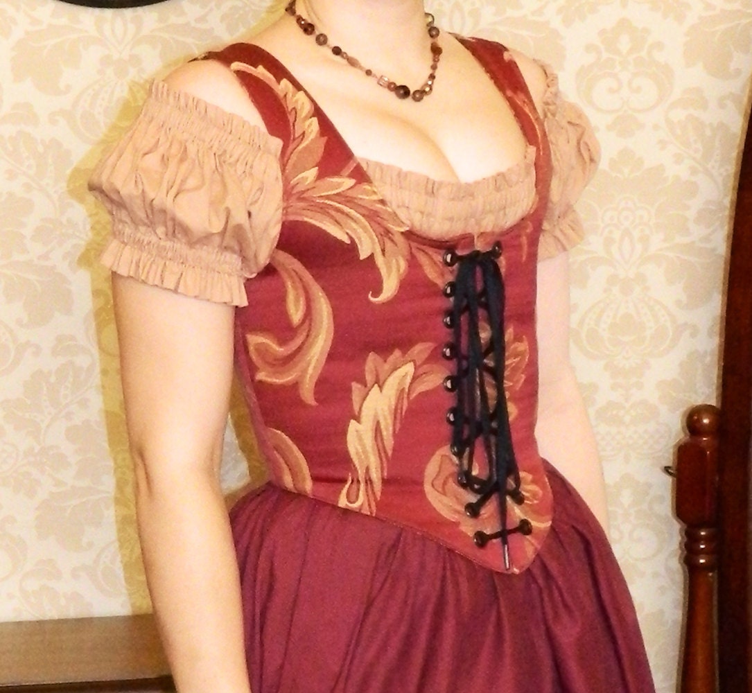 Reversible Renaissance Wench Bodice - Burgundy/Tan Damask & Burg/Grn Floral Tapestry - Fits Bust 34"-35", Waist 27.5"-28.5"