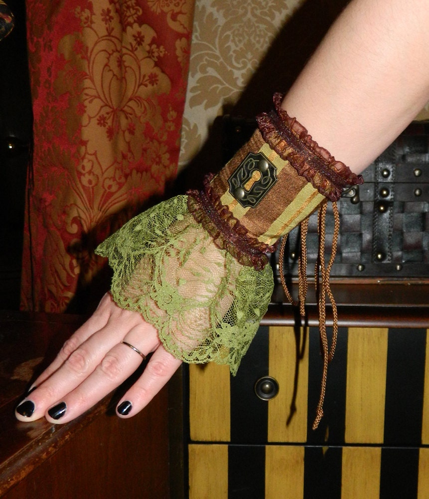 Victorian Gothic Steampunk Keyhole Single Wrist Cuff - Ready to Ship - Avocado/Brown/Caramel with Avocado Lace and Antique Brass Metal