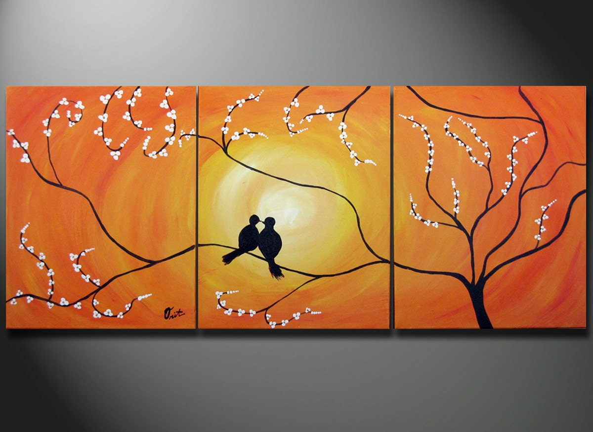 Birds in Tree Branch Painting, 48 x 20 Large Art canvas ORIGINAL Romantic Lovers wedding gift wall decor, birds sitting on a tree