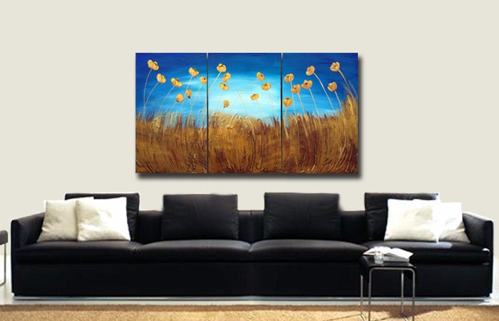 SALE Painting, ORIGINAL Large Amazing Flowers Abstract, Textured Gold Flowers, Landscape Painting, Modern Palette Knife, Ready to Hang 48x