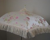 VICTORIAN PARASOL in  Elegant Ivory Satin Brocade in a  Pink and Green Floral Design with Delicate Ivory Fringe