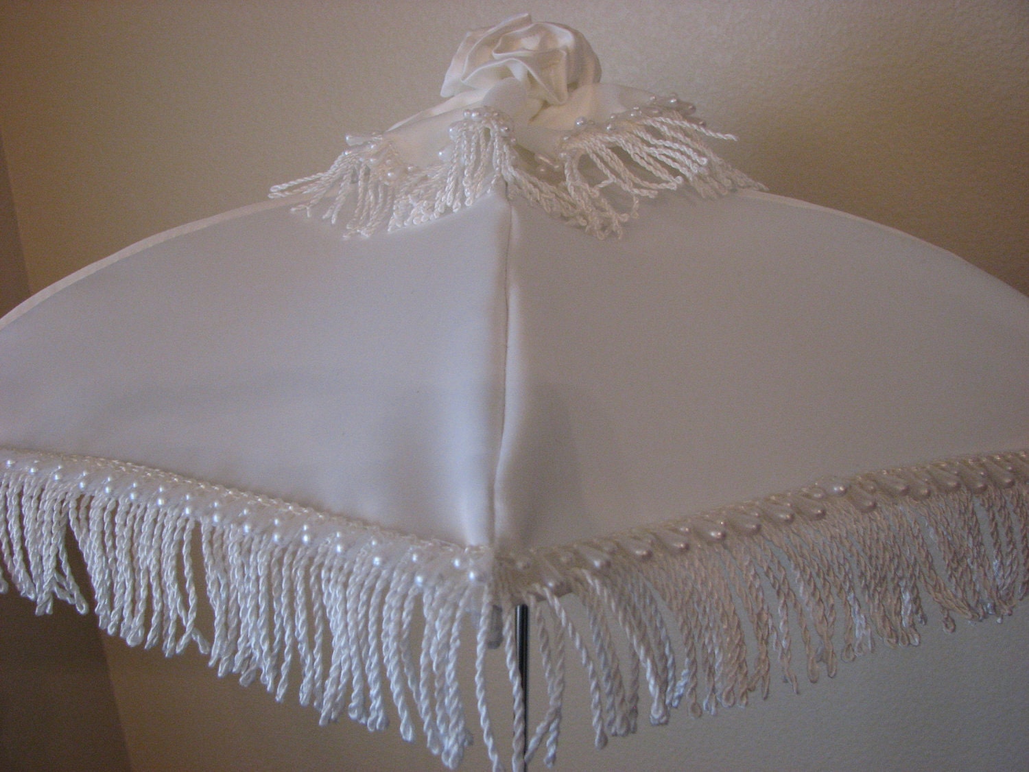 VICTORIAN PARASOL in White Satin Accented with Delicate White Floral Appliques and White Fringe and Pearl Teardrops