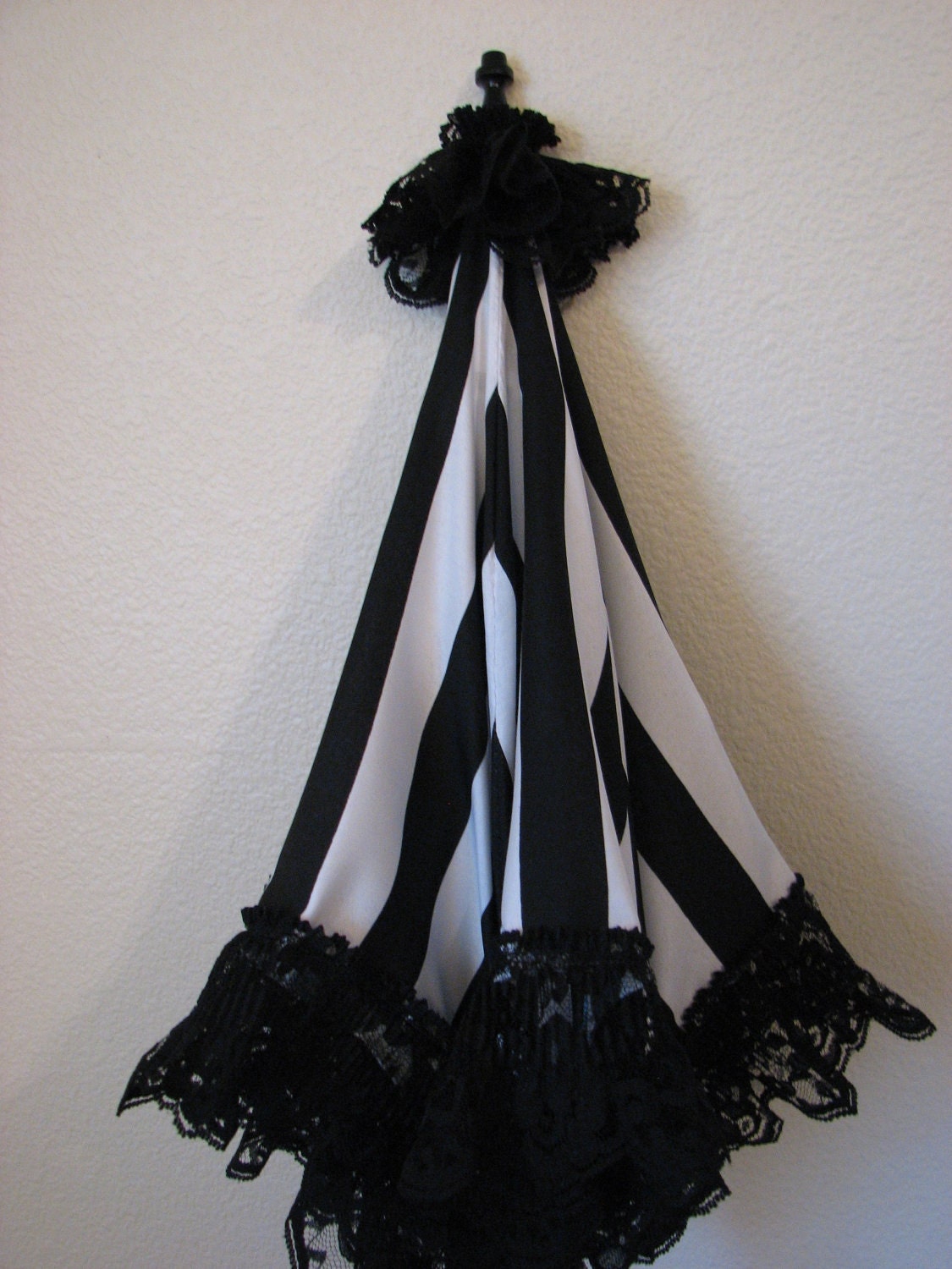 Victorian PARASOL in Black and White Stripe Fabric Accented with a Black Lace Ruffle