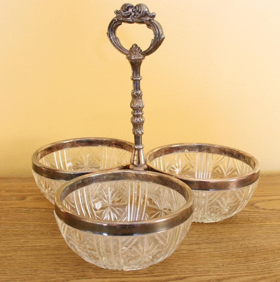 Vintage Metal Rimmed Glass Condiment Caddy