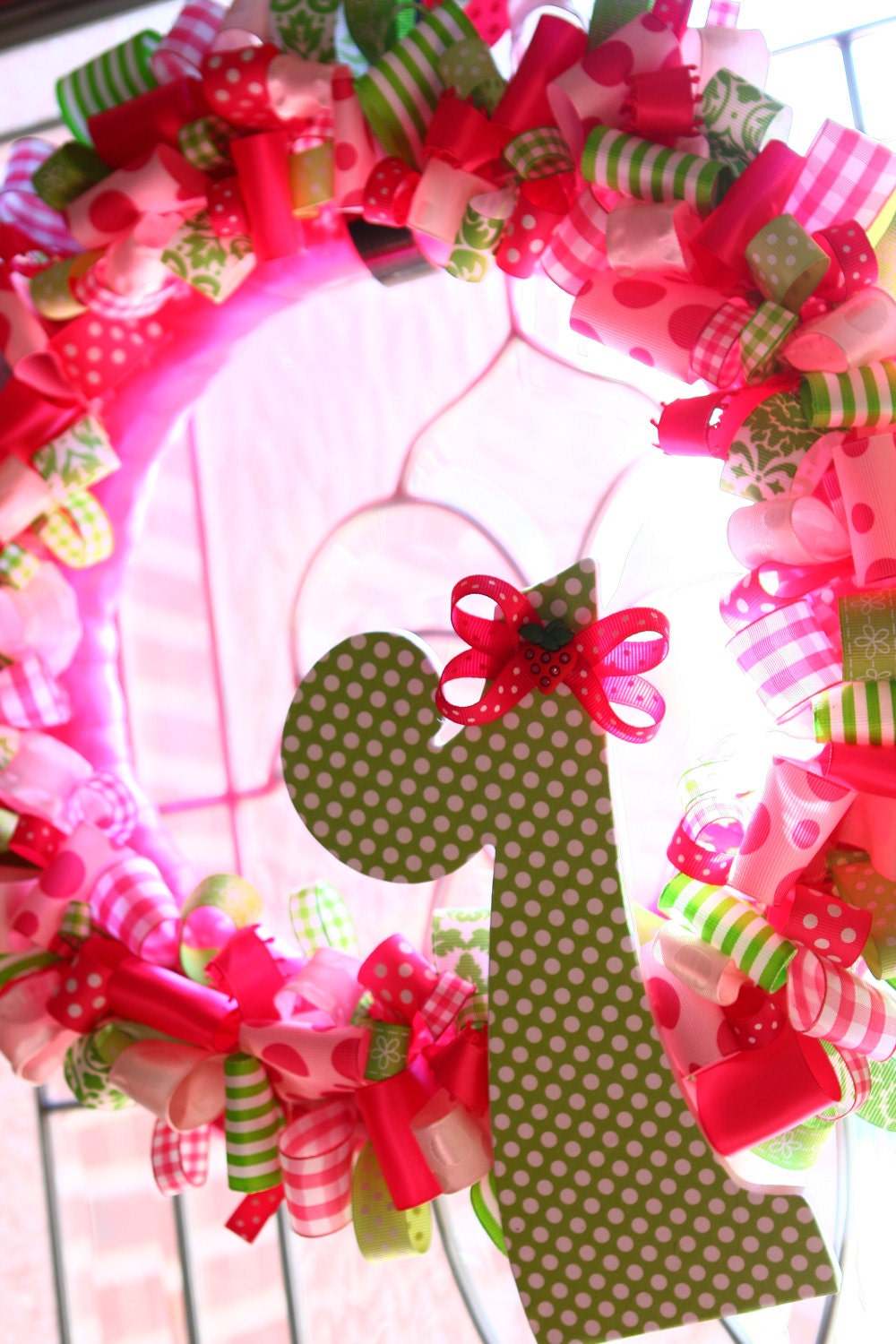 SALE Ribbon Wreath, Strawberry Shortcake Birthday Wreath, First Birthday, Pink and Green