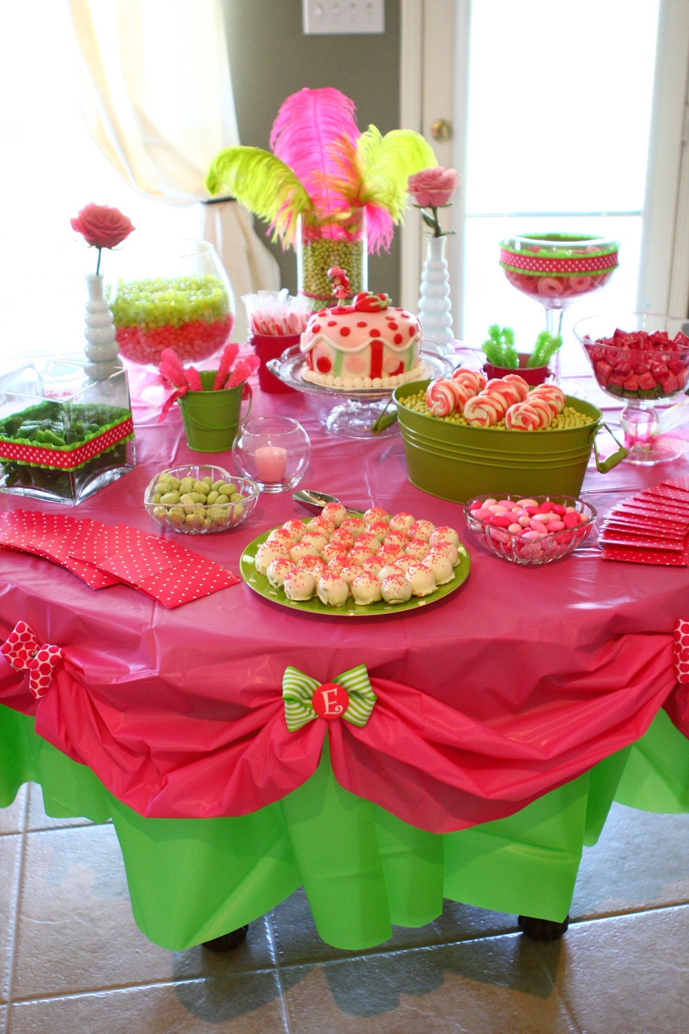 Personalized Table Cloth, Pink and Green, Birthday Party, Candy Table, Strawberry Shortcake