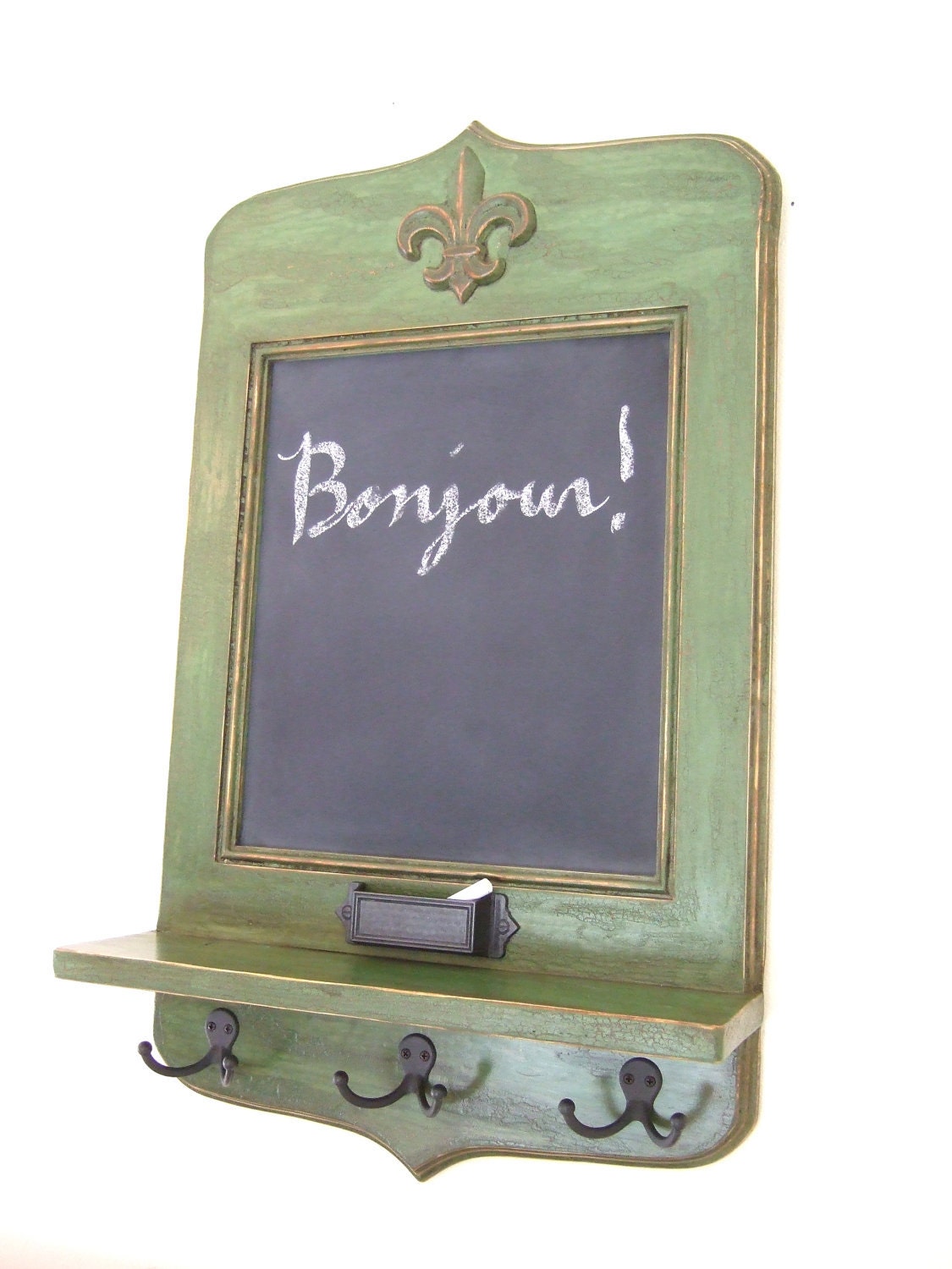 Le Grande Madame Message Center - green vintage style chalkboard with chalk holder, key hooks and shelf