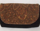 Plush Black Velveteen Clutch with Copper and Sage Floral