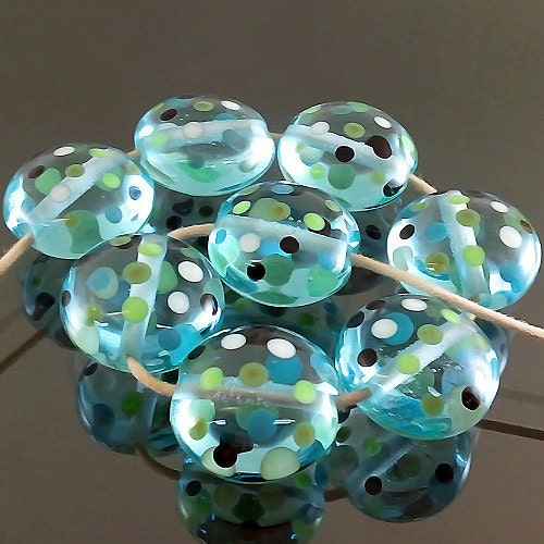 Pikalda : Handmade Lampwork Glass 8 Beads Colorful dot set-'Aqua Bubble'-SRA-make to order