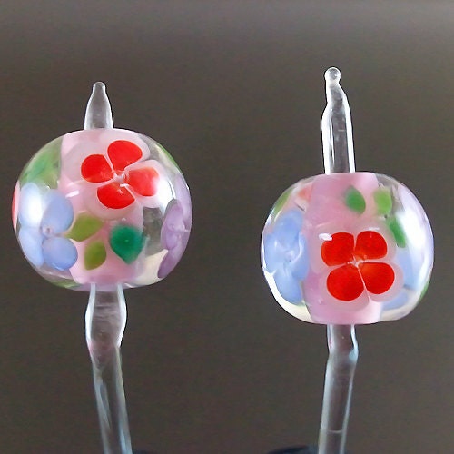Pikalda : Handmade lampwork 2 glass beads earring pair-'Pink Garden'-SRA-make to order