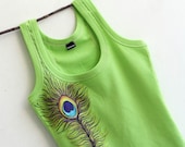 Neon Green Women Top SIZE M Hand Painted Peacock Feather Design - MishMashStore