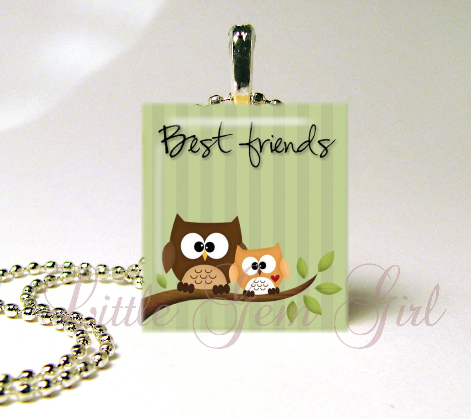 Owl Scrabble Pendant Jewelry - Best Friends - Green Scrabble Wood Tile Necklace Pendant (ball chain sold separately-MANY colors available)
