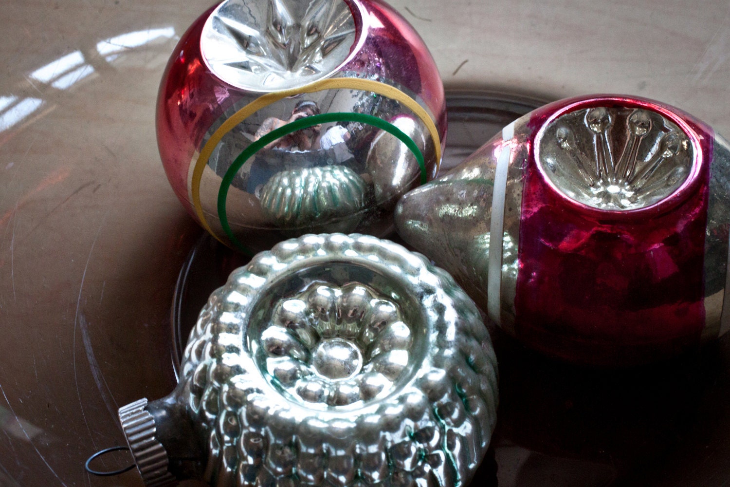 SALE - Set of 3 Red Yellow Green and Silver Christmas Ornaments