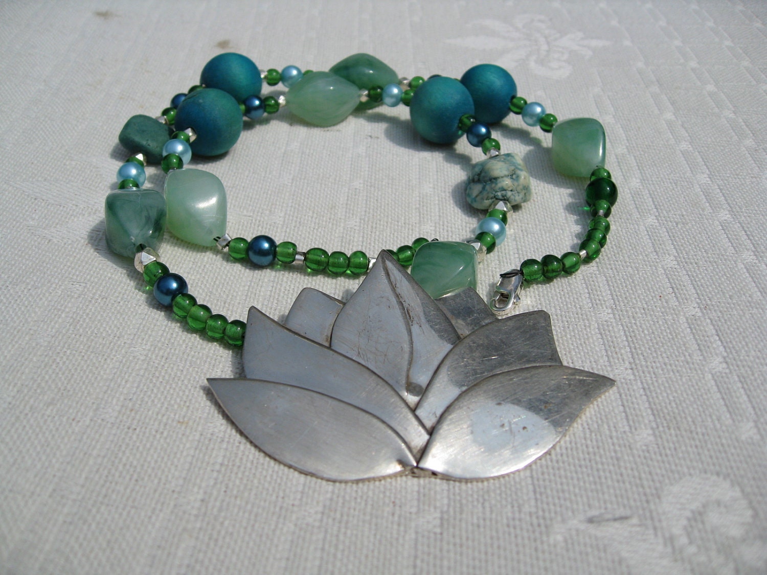 Statement Lotus Necklace, fine silver and a vary of gemstones and czech glass beads
