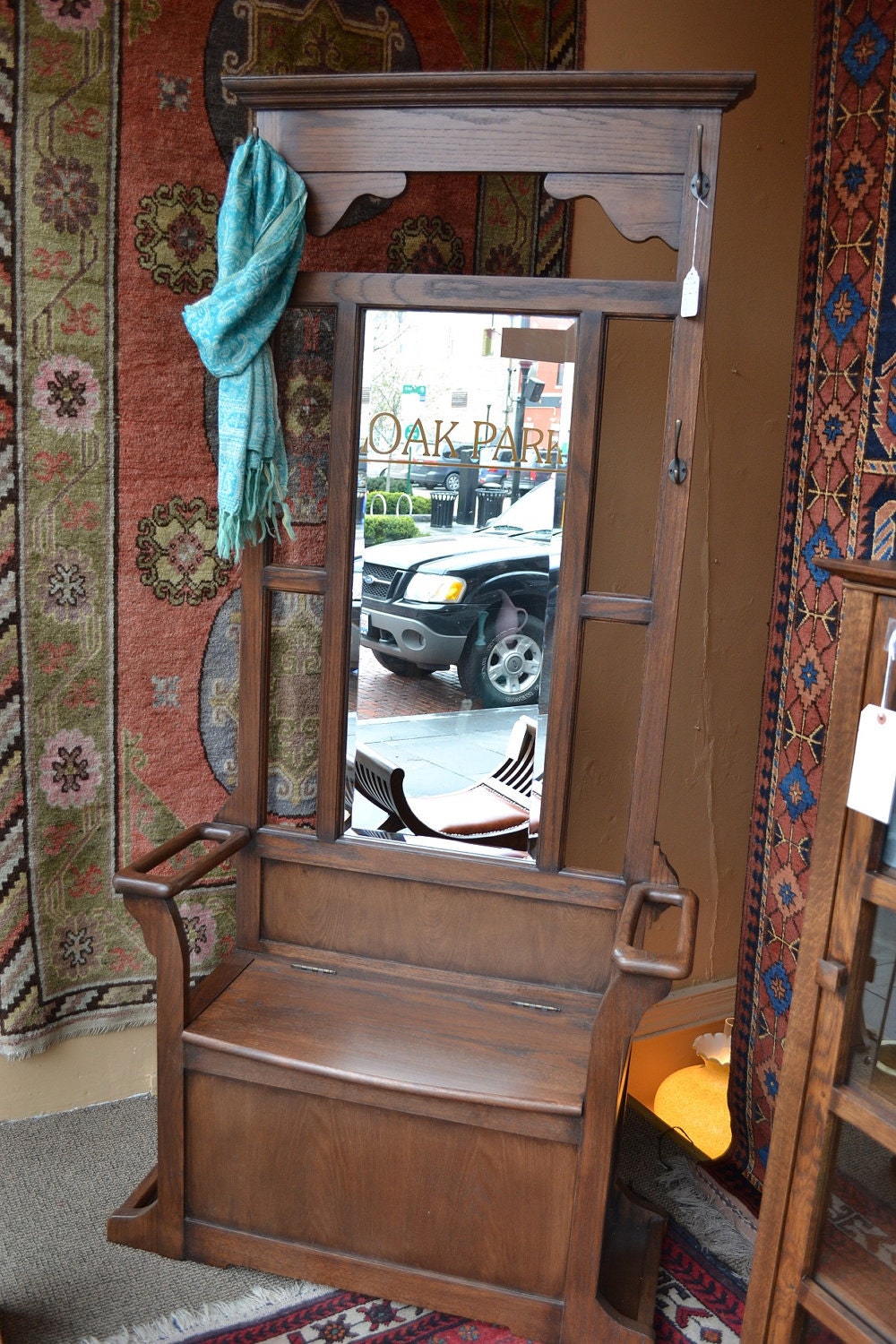 Arts and Crafts Mission Oak Halltree with Umbrella stand and storage seat