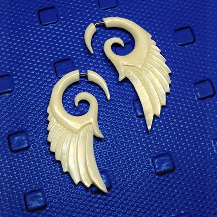 Fake Gauge Tribal Earrings - Angel Wings - Eco Friendly Bone Jewelry