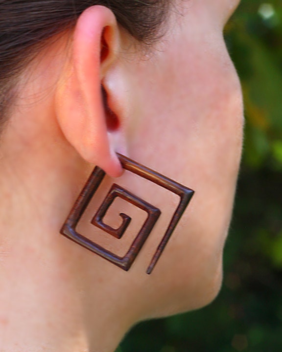 Fake Gauge Earrings - Large Square Spirals - Tropical Wood Carving
