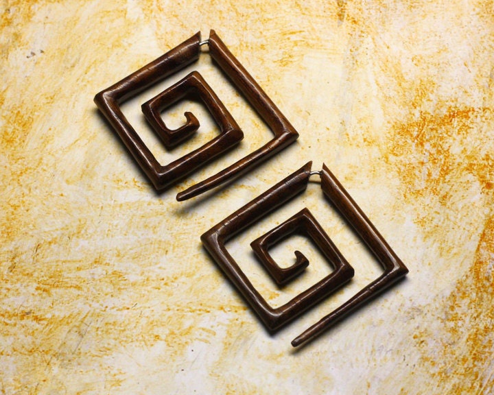 Fake Gauge Earrings - Large Square Spirals - Tropical Wood Carving