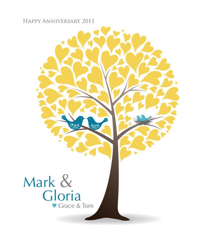 Wedding Tree with Love Birds Poster, Housewarming Gift, Wall Art, Personalized Wedding Tree Print with Your Colors 8x10