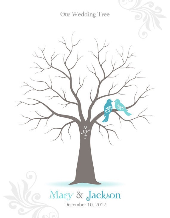 Fingerprint Wedding Tree Guest Book Poster with Ink Pad, Wall Art, Personalized Wedding Tree w/ Love Birds Print, 8x10