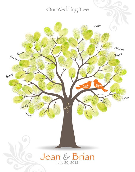 Fingerprint Wedding Tree Guest Book Poster with Ink Pad, Wall Art, Personalized Wedding Tree w/ Love Birds Print, 11x14