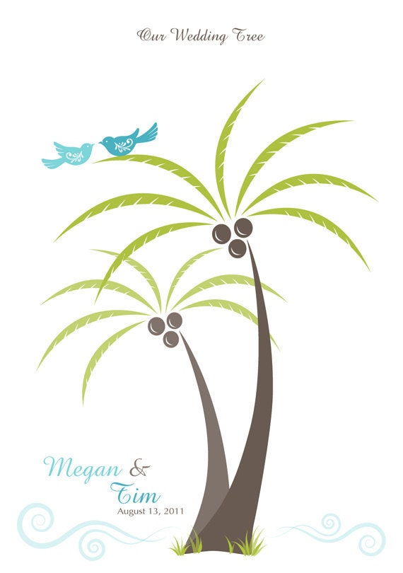 Beach Wedding Palm Tree Thumbprint Guest Book Poster, Destination Wedding Art Print, Wedding or Anniversary Gift, 13x19 (100 signatures)