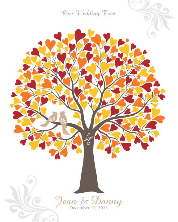 Wedding Tree with Love Birds Guest Book Poster, Fall Colors Leaves, Anniversary or Wedding Gift, Personalized with Your Own Colors, 16x20