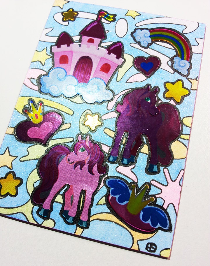 ACEO - Kawaii Pony Castle Rainbow Heart Crown Star - Stickers & Stencil Glitter Design
