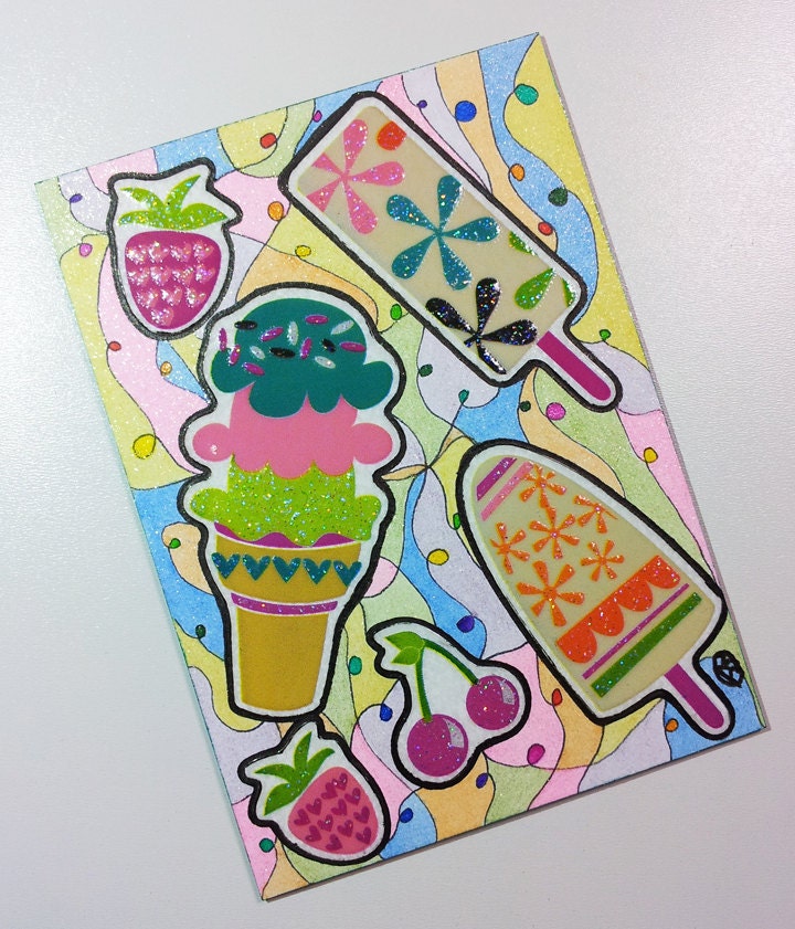 ACEO - Kawaii Ice Cream Cherry Strawberry - Stickers & Original Abstract Glitter Design