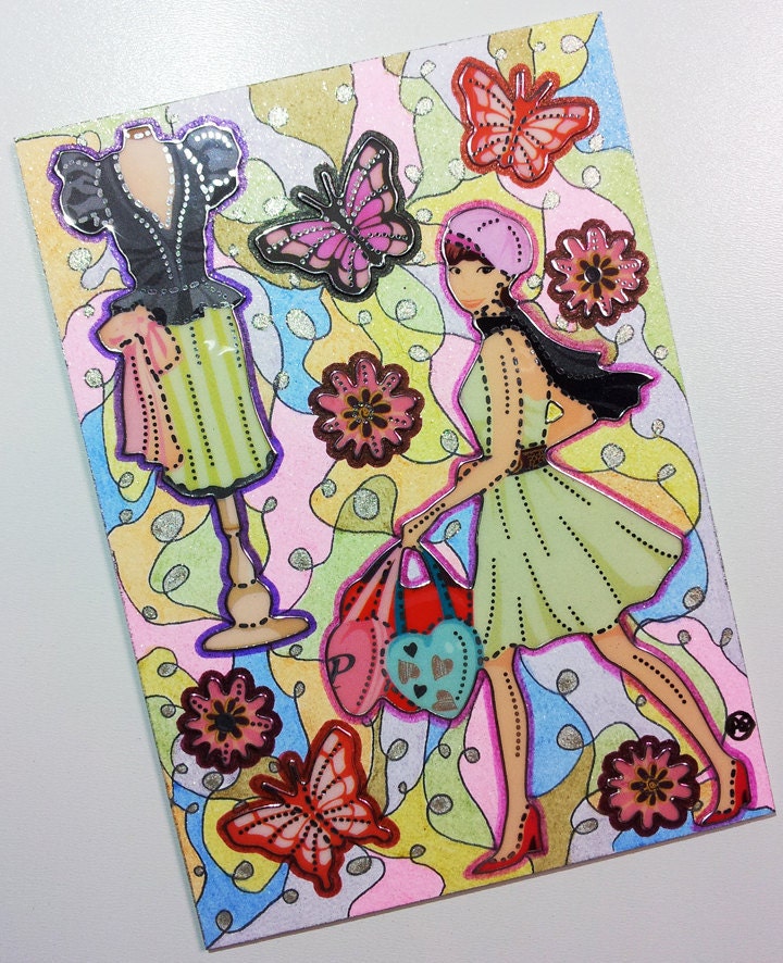 ACEO - Kawaii Paris Fashion Shopping Butterflies Flowers - Stickers & Original Abstract Glitter Design