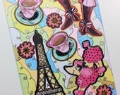 ACEO - Kawaii Paris Life Cafe Poodle Boots Flowers - Stickers & Original Abstract Glitter Design