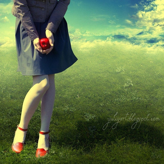 Apple Story romantic fine art photography valentine gift for her glamor cupid woman love Eve red girl fashion picture wall decor print