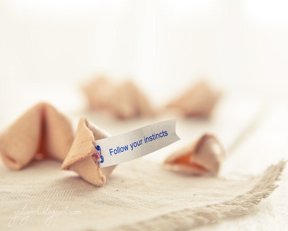 Follow your instincts - fortune cookie photograph dreamy romantic inspiration wall decor love note dude man sunshine white cream pastel soft