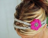 KNITTED HEADBAND - hair band - statement piece - with button embellished flower and button closure - fuchsia pink and marble grey