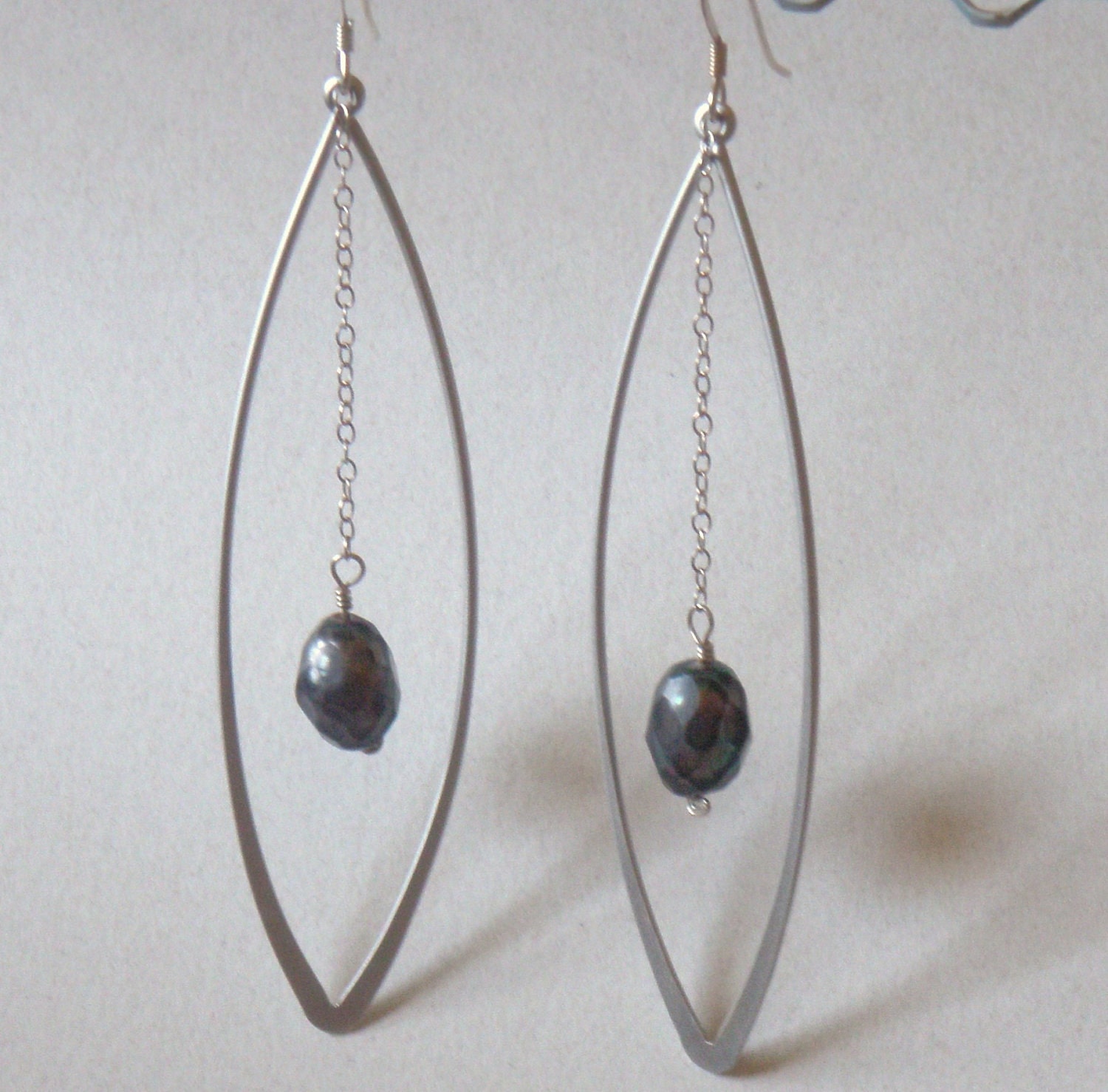 Long marquise sterling silver earring with dark gray fresh water pearl simply elegant and modern