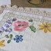 Vintage Linen Tray Cloth, Hand Embroided and Hand Crochet Linen Cloth, Linen Doilie Embroided in Shades of Pink Yellow Blue Mauve Flowers,