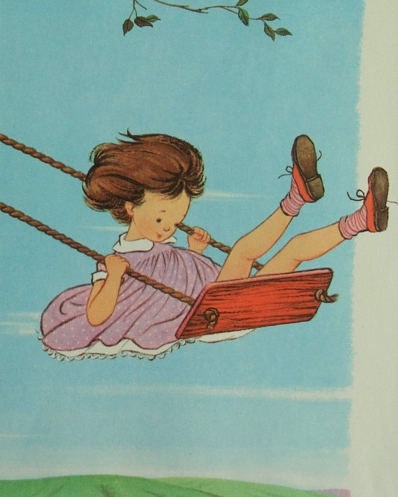 Ready To Frame Vintage Illustration. Flying High On My Swing. Gyo Fujikawa.