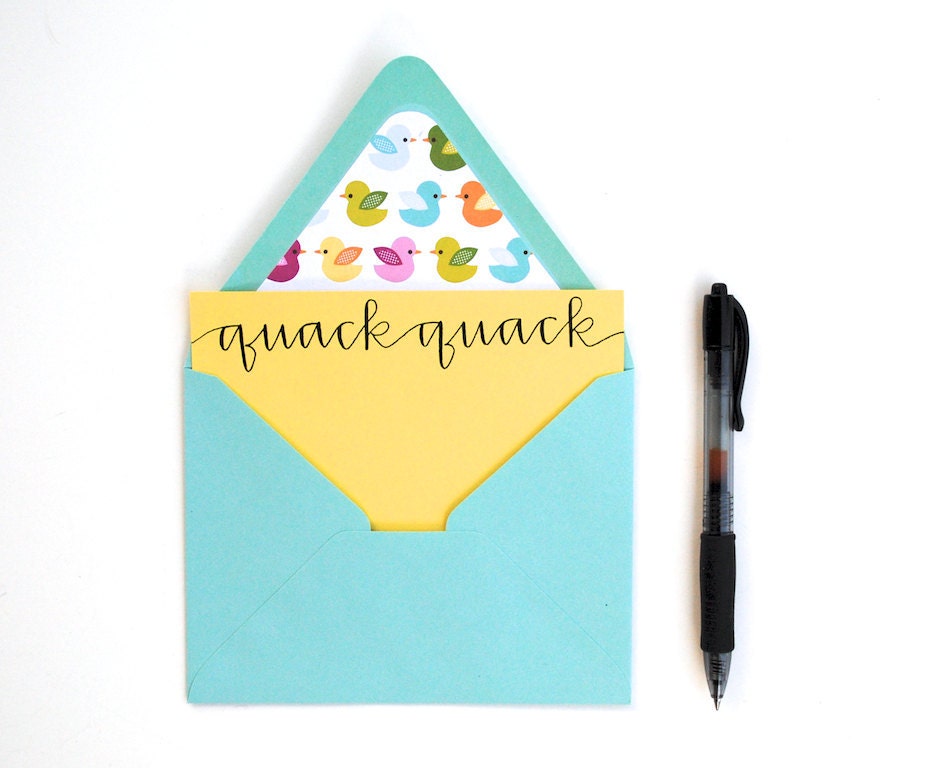 SALE Duck Stationery Set . Quack Quack . Modern Calligraphy . Mustard Yellow Cards with Duck Lined Aqua Envelopes . Set of 6