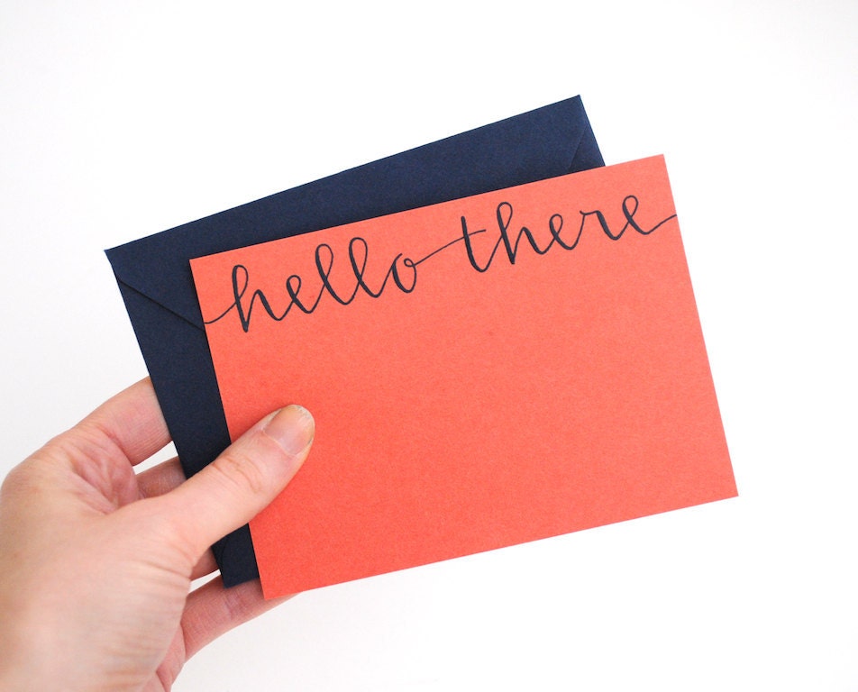 Modern Stationery Set . Hello There . Handwritten Calligraphy . Navy Ink on Peachy Orange . Set of 5 Flat Notecards