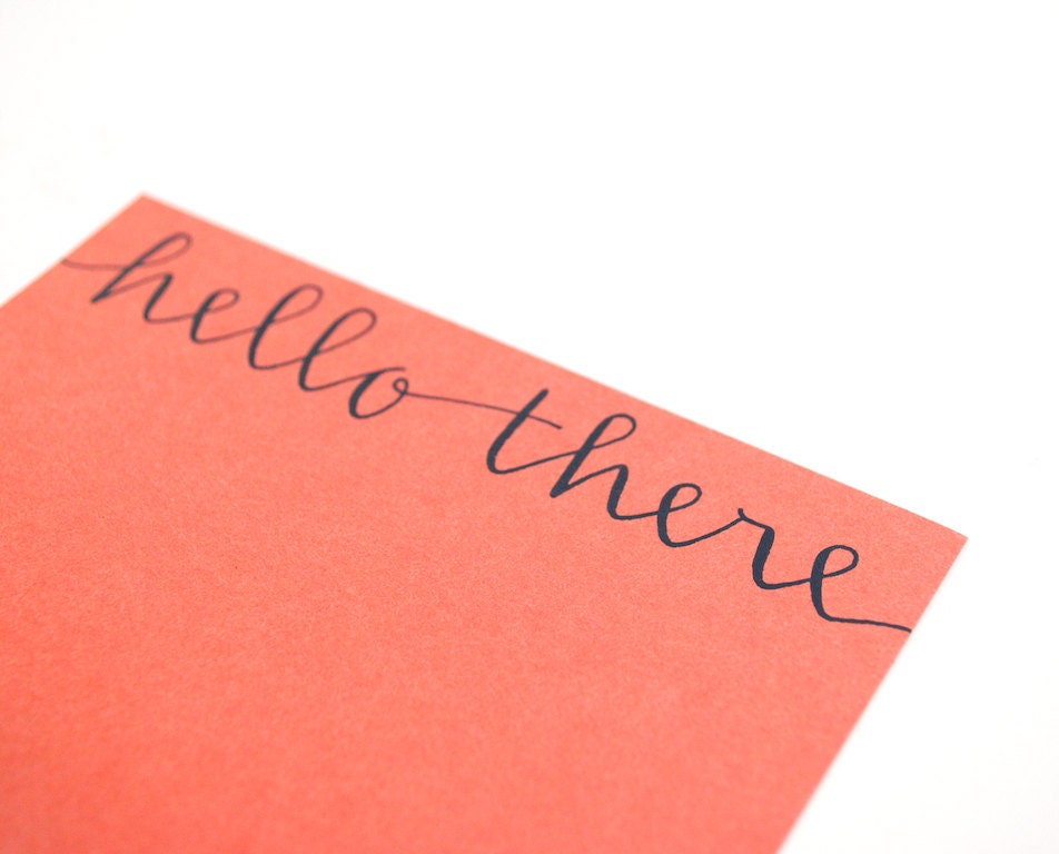 Modern Stationery Set . Hello There . Handwritten Calligraphy . Navy Ink on Peachy Orange . Set of 5 Flat Notecards