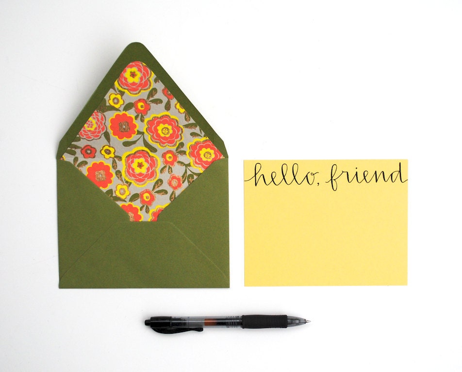 Hello Friend Stationery Set . Handwritten Calligraphy . Lemon Yellow . Floral Lined Moss Green Envelopes . Set of 5 Notecards