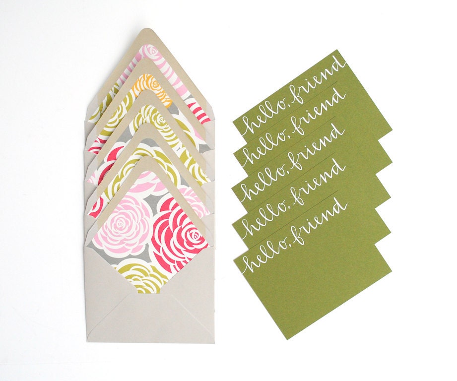 Hello Friend Spring Stationery Set . Handwritten Calligraphy . White Ink on Moss Notecards with Floral Lined Light Grey Envelopes . Set of 5