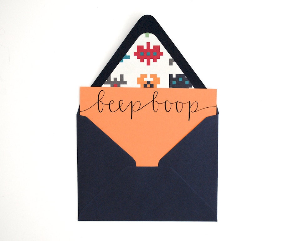 Super Awesome Stationery Set . Modern Calligraphy . Beep Boop . Orange Notecards with Robot Lined Navy Envelopes . Set of 5