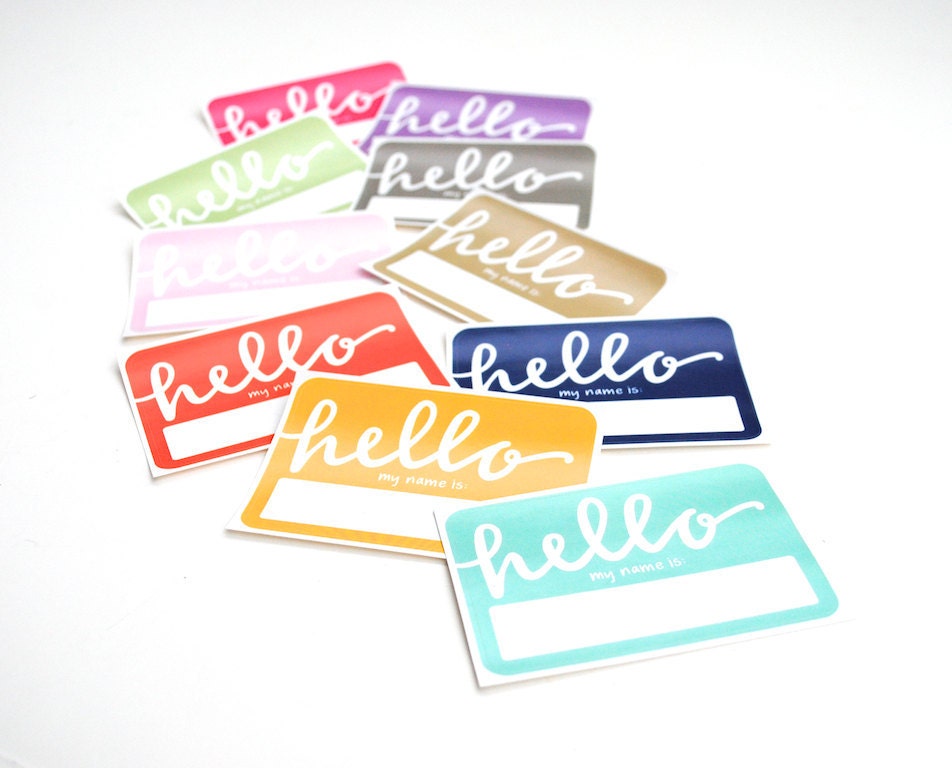 RESERVED Modern Name Tags in Pantone Colors with Whimsical Calligraphy . Hello My Name Is . Rectangular Vinyl Stickers . Two Sets of 10