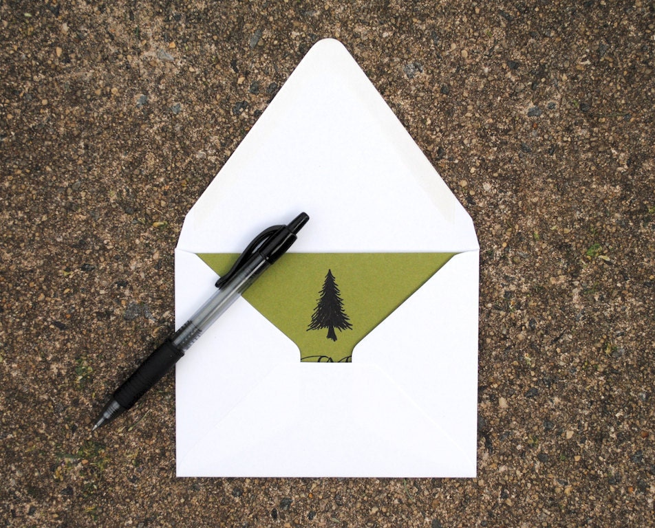 Woodland Love, Let's Go For a Hike, Greeting Card, Handwritten Calligraphy, Evergreen Tree Illustration, Olive Green, Blank Inside, Single