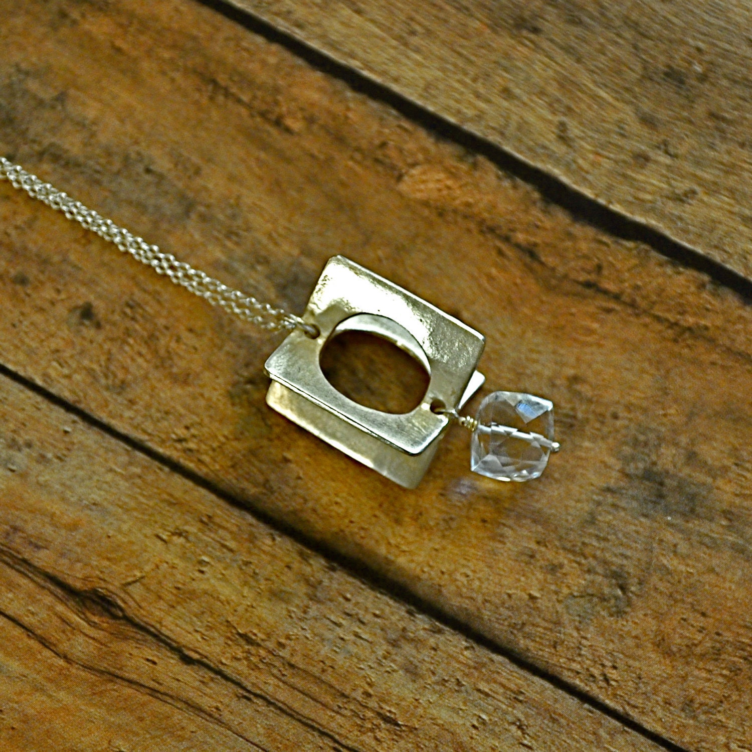 Fine Silver and Faceted Rock Crystal Constructive Art Necklace