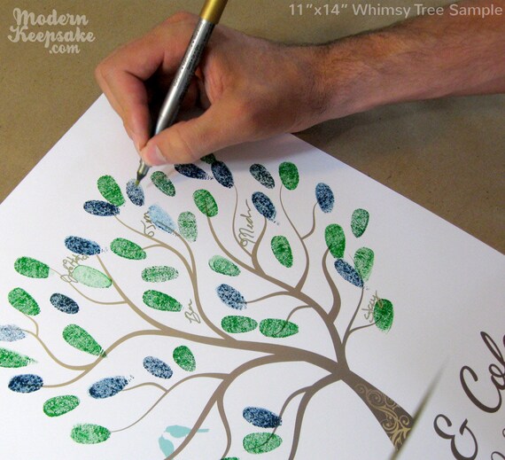SALE - Fingerprint Wedding Tree with Love Birds - 100 Signature Print