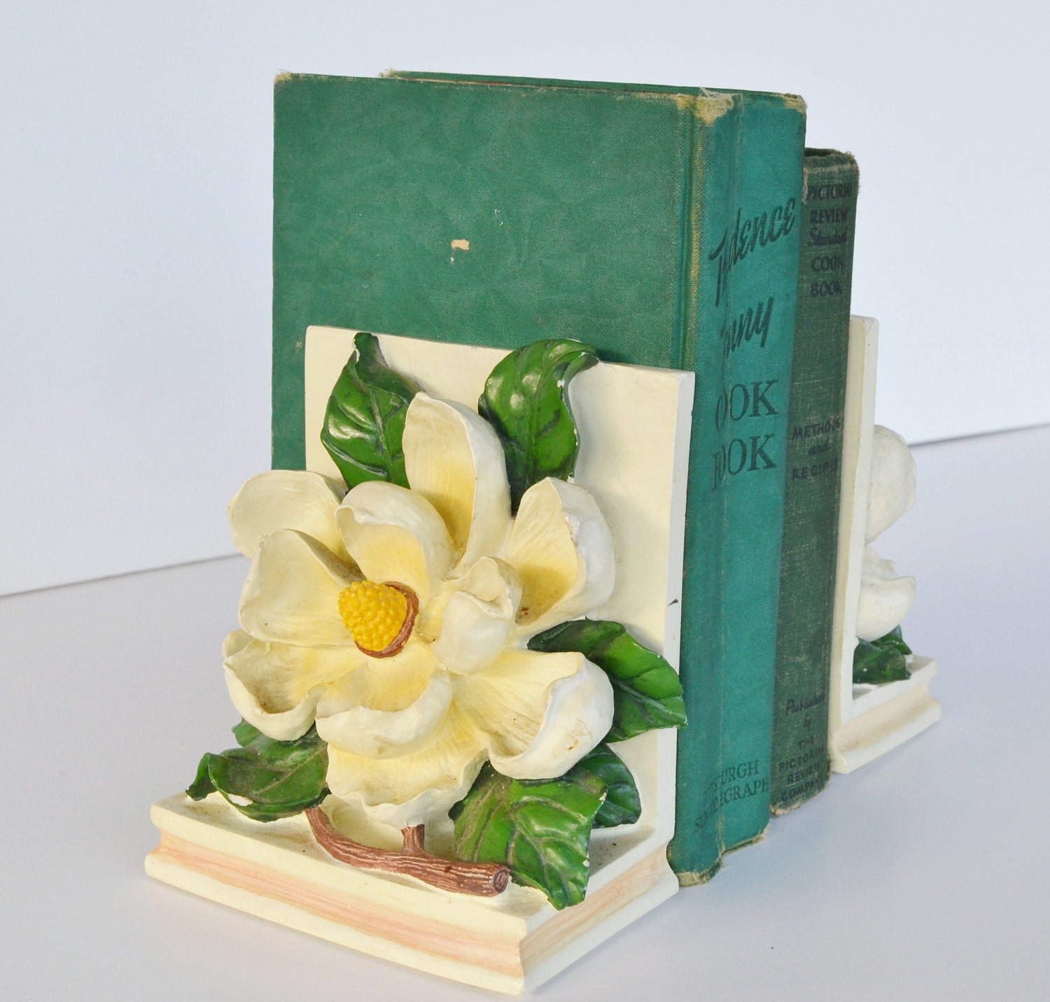 Bookends white Magnolia Flower Bookends Vintage by JudysJunktion