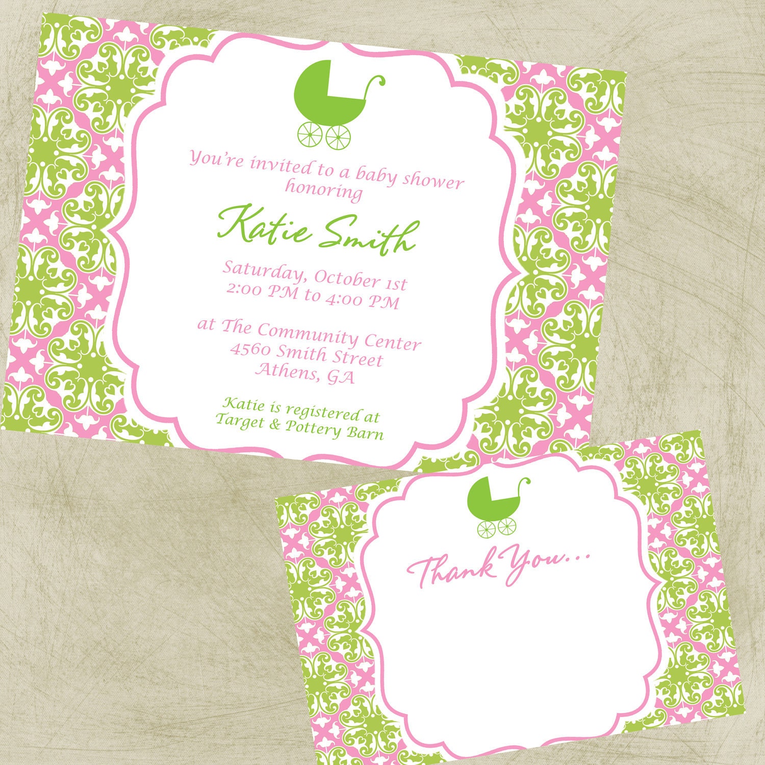 COMBO Special: Damask Baby Shower Invite and Thank You card Il_570xn