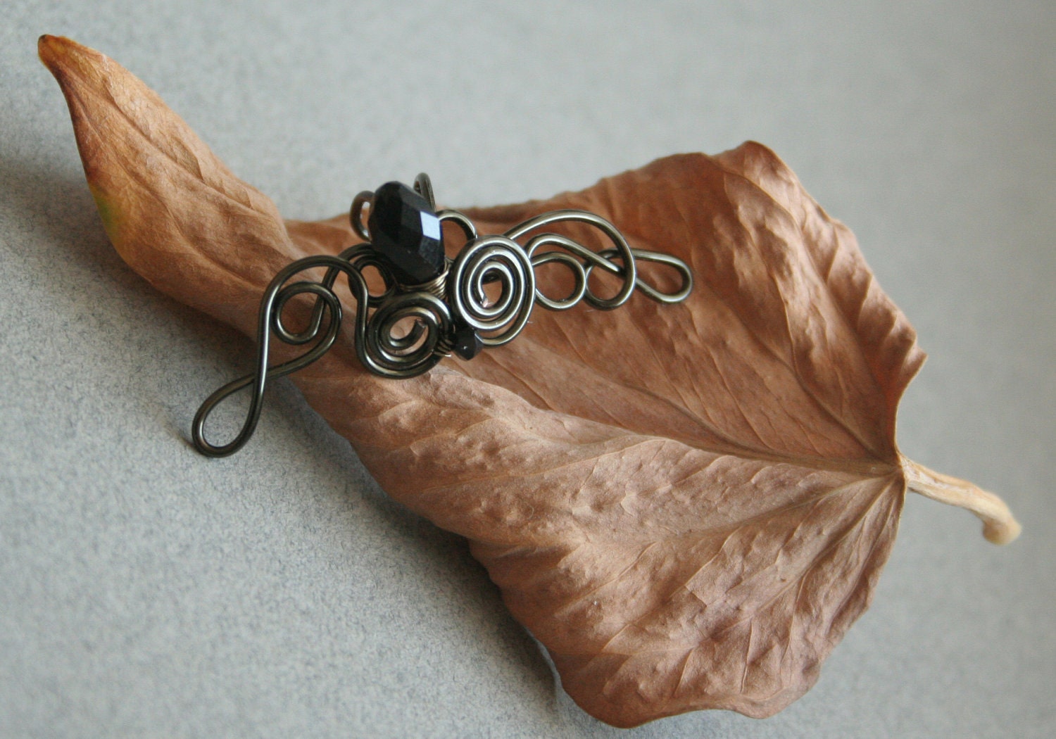 Black Autumn - gunmetal wire ear cuff with black Swarovski beads left sided - no piercing required